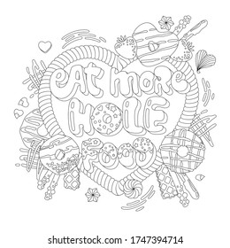 Eat more hole food - adult coloring page illustration with funny pun lettering phrase. Donuts and sweets themed design.