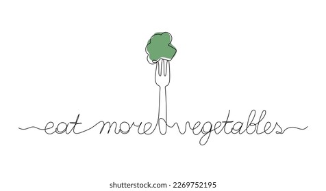 Eat more vegetables, continuous line art lettering. Inspiring phrase about healthy food. For poster, banner, print, packaging.