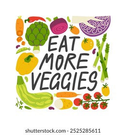 Coma más letras de verduras. Lindas verduras dibujadas a mano con caligrafía suave. Concepto de comida saludable para impresión de camiseta, pegatina o póster. Etiqueta engomada de la dieta a base de plantas.