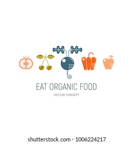 Eat organic food, vector concept. Logotype template with simple stylized pictures of tomato, cherry, beet, pepper and apple. Colored illustration. Healthy food. 