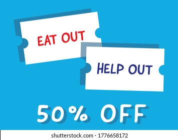 ESSEN SIE AUSSERHALB 50 % Rabatt auf Vektor; Das "Eat Out to Help Out"-Programm beginnt am 3. August. Restaurants, Bars und Cafés können sich der Initiative anschließen, um die Menschen dazu zu bringen, zum Essen zurückzukehren.