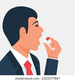 To eat pills. Taking medications. A man with an open mouth and pills in hand. Vector illustration flat design. Concept of treatment or addiction.