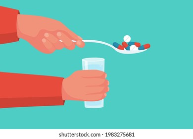 To eat pills. Taking medications. To eat tablets with a spoon. Man holds in hands glass of water. Vector illustration flat design. Concept of treatment or addiction.