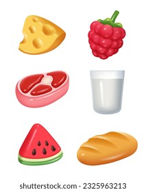 Eat products. Plasticine market healthy food grocery items in cartoon stylized style decent vector meat milk drinks fruits collection