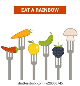 Eat a rainbow concept. Vector illustration of forks with pinned vegetables and fruits