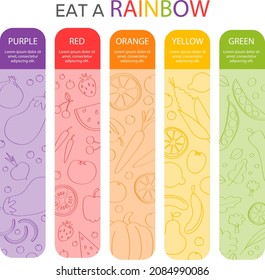 Eat rainbow infographic. Vitamin food. Health, healthy nutrition. Fruit, vegetables diet. Antioxidant benefit nutrient. Vegetarian, vegan system. Care, defense heart, kidney. Organic meal. Vector.