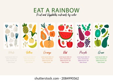 Eat rainbow infographic. Vitamin food. Health, healthy nutrition. Fruit, vegetables diet. Antioxidant benefit nutrient. Vegetarian, vegan system. Care, defense heart, kidney. Organic meal. Vector.