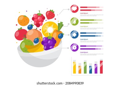 Eat rainbow infographic. Vitamin food. Health, healthy nutrition. Fruit, vegetables diet. Antioxidant benefit nutrient. Vegetarian, vegan system. Care, defense heart, kidney. Organic meal. Vector.