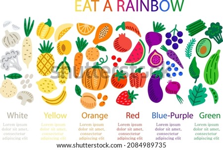 Eat rainbow infographic. Vitamin food. Health, healthy nutrition. Fruit, vegetables diet. Antioxidant benefit nutrient. Vegetarian, vegan system. Care, defense heart, kidney. Organic meal. Vector.