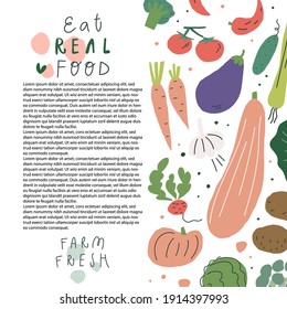 Eat real food farm fresh hand drawn vector illustration. Eco product, natural organic and vegetarian food, mindful eating concept. Set of vegetables. Page brochure design