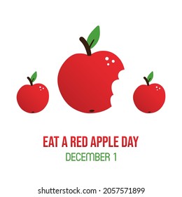 Eat A Red Apple Day Greeting Card, Vector Illustration With Cartoon Style Red Apple With Bite Mark. December 1.