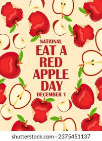 Eat a Red Apple Day greeting card, vector illustration with cartoon style red apple with bite mark. December 1.