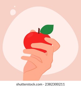 Eat a red apple a day. Apple in hand banner