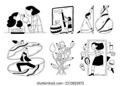 Eat right healthy food and lifestyle concept hand drawn outline illustration in doodle style. Black and white set with characters, diet plan, consultations.