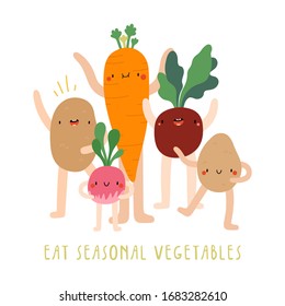 Eat Seasonal Vegetables - cute vector illustration. Cartoon Vegetables characters - Potato, Carrot, Beet, Radish. Smiley happy food background.