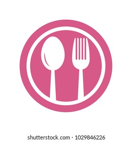 Eat sign icon. Cutlery symbol. Fork and spoon crosswise. Graphic design web element. Flat fork symbol on the pink round button. Vector