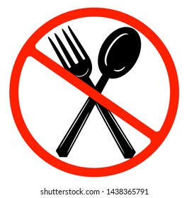 Eat sign icon. Cutlery symbol. Fork and spoon. Red prohibited sign. Stop symbol. No food while fasting in ramadan.