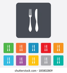 Eat sign icon. Cutlery symbol. Knife and fork. Rounded squares 11 buttons. Vector