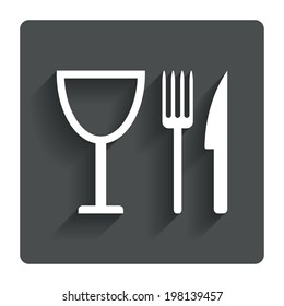 Eat sign icon. Cutlery symbol. Knife, fork and wineglass. Gray flat button with shadow. Modern UI website navigation. Vector