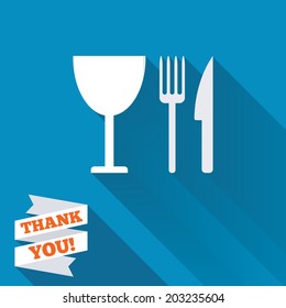 Eat sign icon. Cutlery symbol. Knife, fork and wineglass. White flat icon with long shadow. Paper ribbon label with Thank you text. Vector