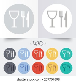 Eat sign icon. Cutlery symbol. Knife, fork and wineglass. Round 12 circle buttons. Shadow. Hand cursor pointer. Vector