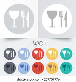Eat sign icon. Cutlery symbol. Knife, fork and wineglass. Round 12 circle buttons. Shadow. Hand cursor pointer. Vector