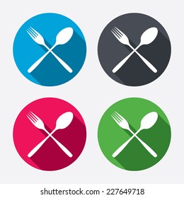 Eat sign icon. Cutlery symbol. Fork and spoon crosswise. Circle buttons with long shadow. 4 icons set. Vector