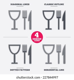 Eat sign icon. Cutlery symbol. Knife, fork and wineglass. Diagonal and horizontal lines, classic outline, dotted texture. Pattern design icons.  Vector