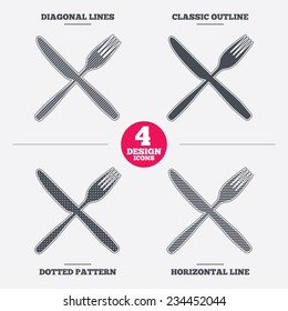Eat sign icon. Cutlery symbol. Fork and knife crosswise. Diagonal and horizontal lines, classic outline, dotted texture. Pattern design icons.  Vector