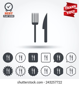 Eat sign icon. Cutlery symbol. Fork and knife. Circle, star, speech bubble and square buttons. Award medal with check mark. Thank you ribbon. Vector