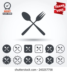 Eat sign icon. Cutlery symbol. Dessert fork and teaspoon crosswise. Circle, star, speech bubble and square buttons. Award medal with check mark. Thank you ribbon. Vector