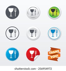 Eat sign icon. Cutlery symbol. Fork and wineglass. Circle concept buttons. Metal edging. Star and label sticker. Vector