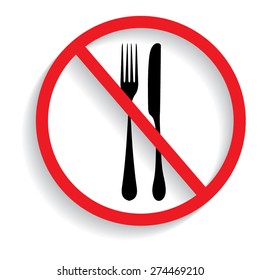 Eat sign icon. Cutlery symbol. Fork and knife. Red prohibition sign. Stop symbol  with shadow