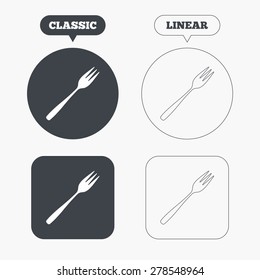 Eat sign icon. Cutlery symbol. Diagonal dessert trident fork. Classic and line web buttons. Circles and squares. Vector