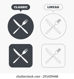 Eat sign icon. Cutlery symbol. Fork and knife crosswise. Classic and line web buttons. Circles and squares. Vector