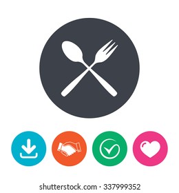 Eat sign icon. Cutlery symbol. Dessert fork and teaspoon crosswise. Download arrow, handshake, tick and heart. Flat circle buttons.