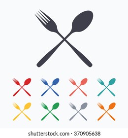 Eat sign icon. Cutlery symbol. Fork and spoon crosswise. Colored flat icons on white background.