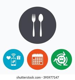 Eat sign icon. Cutlery symbol. Dessert fork and teaspoon. Mobile payments, calendar and wifi icons. Bus shuttle.