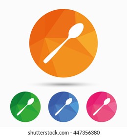 Eat sign icon. Cutlery symbol. Diagonal dessert teaspoon. Triangular low poly button with flat icon. Vector