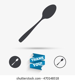 Eat sign icon. Cutlery symbol. Diagonal dessert teaspoon. Flat icons. Buttons with icons. Thank you ribbon. Vector