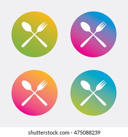 Eat sign icon. Cutlery symbol. Dessert fork and teaspoon crosswise. Gradient flat buttons with icon. Modern design. Vector