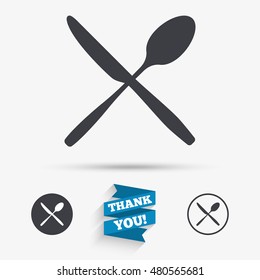 Eat sign icon. Cutlery symbol. Knife and spoon crosswise. Flat icons. Buttons with icons. Thank you ribbon. Vector