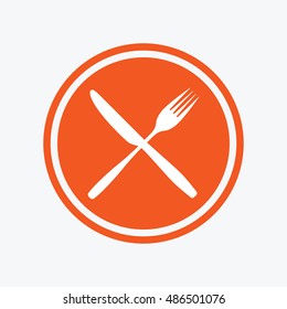 Eat sign icon. Cutlery symbol. Fork and knife crosswise. Graphic design element. Flat fork symbol on the round button. Vector