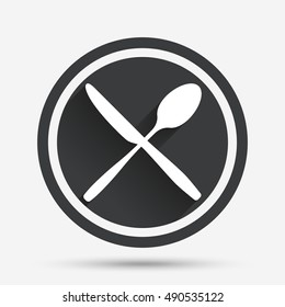 Eat sign icon. Cutlery symbol. Knife and spoon crosswise. Circle flat button with shadow and border. Vector