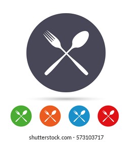 Eat sign icon. Cutlery symbol. Fork and spoon crosswise. Round colourful buttons with flat icons. Vector