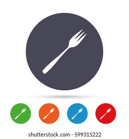 Eat sign icon. Cutlery symbol. Diagonal dessert trident fork. Round colourful buttons with flat icons. Vector