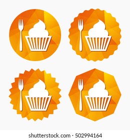 Eat sign icon. Dessert fork with muffin.