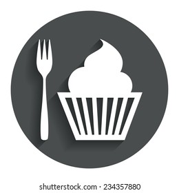 Eat sign icon. Dessert trident fork with muffin. Cutlery symbol. Gray flat button with shadow. Modern UI website navigation. Vector