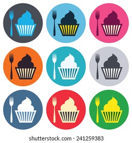 Eat sign icon. Dessert trident fork with muffin. Cutlery symbol. Colored round buttons. Flat design circle icons set. Vector