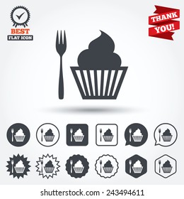 Eat sign icon. Dessert trident fork with muffin. Cutlery symbol. Circle, star, speech bubble and square buttons. Award medal with check mark. Thank you ribbon. Vector